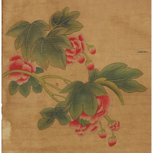 451 - Chinese paper scroll, hand painted with ducks, calligraphy and red seal marks, 94cm x 45