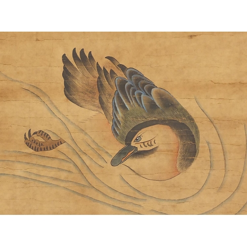 451 - Chinese paper scroll, hand painted with ducks, calligraphy and red seal marks, 94cm x 45