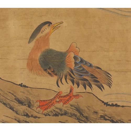 451 - Chinese paper scroll, hand painted with ducks, calligraphy and red seal marks, 94cm x 45