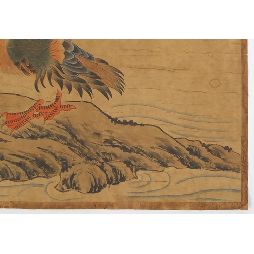 451 - Chinese paper scroll, hand painted with ducks, calligraphy and red seal marks, 94cm x 45