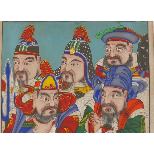 457 - Korean Shamanistic scroll canvas on paper, hand painted with General's of Five Directions and charac... 