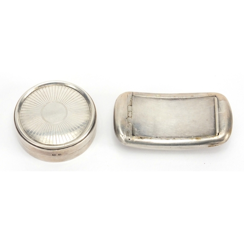 33 - Circular silver pill box and rectangular silver snuff box, Birmingham 1913 and 1824, the largest 7cm... 