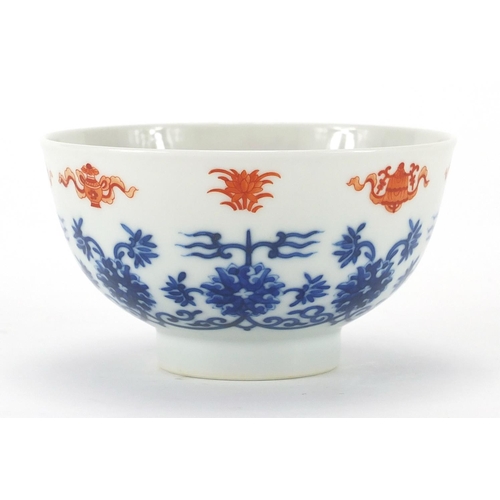 346 - Chinese porcelain footed bowl hand painted under glaze blue and white with flowers and foliage, hand... 