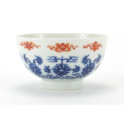 346 - Chinese porcelain footed bowl hand painted under glaze blue and white with flowers and foliage, hand... 