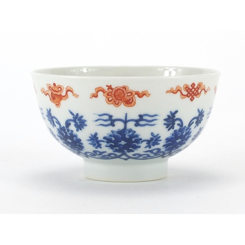 346 - Chinese porcelain footed bowl hand painted under glaze blue and white with flowers and foliage, hand... 