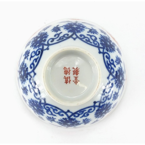 346 - Chinese porcelain footed bowl hand painted under glaze blue and white with flowers and foliage, hand... 