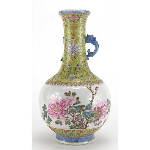 356 - Chinese porcelain vase with animalia handle, finely hand painted in the famille rose palette, the bo... 