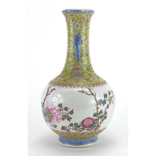 356 - Chinese porcelain vase with animalia handle, finely hand painted in the famille rose palette, the bo... 