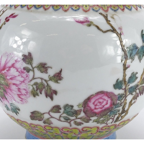 356 - Chinese porcelain vase with animalia handle, finely hand painted in the famille rose palette, the bo... 