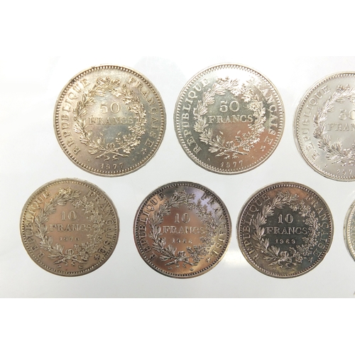 226 - French fifty and ten silver Francs comprising three fifty Francs 1976, two 1977 and six ten Francs 1... 