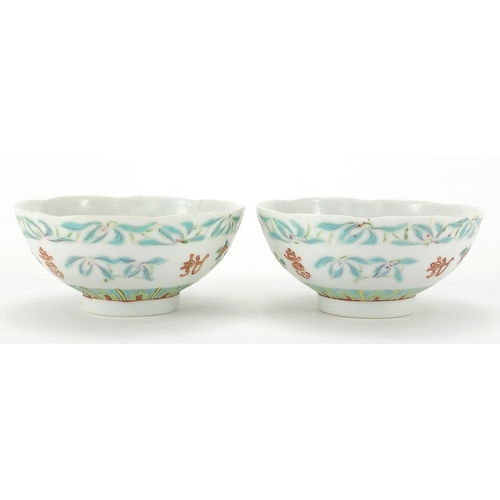 360 - Pair of Chinese porcelain footed bowls, hand panted with flowers, six figure iron red character mark... 