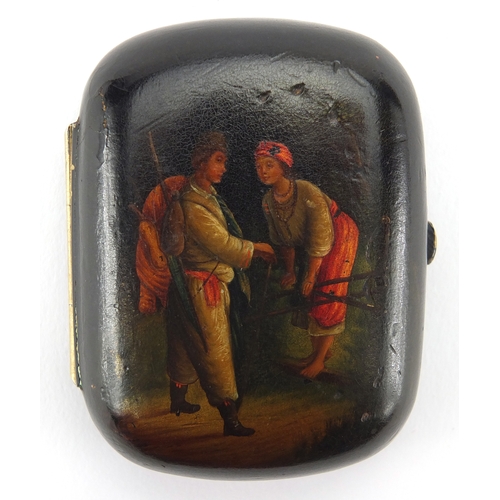 18 - 19th century Russian lacquered case, hand painted with two figures crossing a fence, 7cm high x 5.5c... 