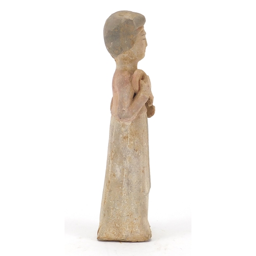 387 - Chinese Hand painted terracotta figure of a female, 24.5cm high