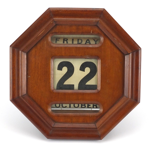 106 - Victorian mahogany wall roller day date calendar with octagonal face, 31cm x 30cm