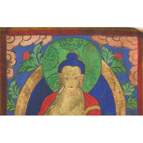 460 - Pair of Sino Tibetan silk panels, both hand painted with Buddha, each 37cm x 28cm