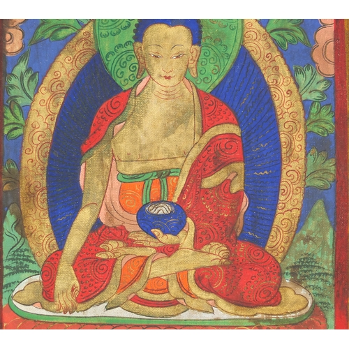 460 - Pair of Sino Tibetan silk panels, both hand painted with Buddha, each 37cm x 28cm