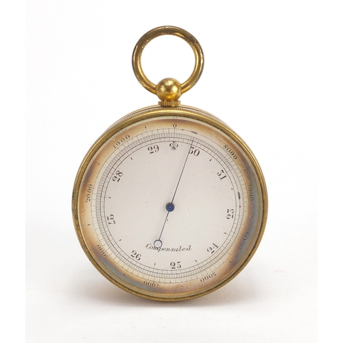 88 - 19th century gilt brass pocket weath station with compensated barometer, thermometer and compass, ho... 