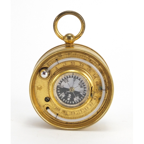 88 - 19th century gilt brass pocket weath station with compensated barometer, thermometer and compass, ho... 