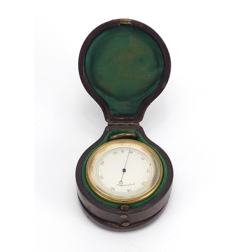 88 - 19th century gilt brass pocket weath station with compensated barometer, thermometer and compass, ho... 