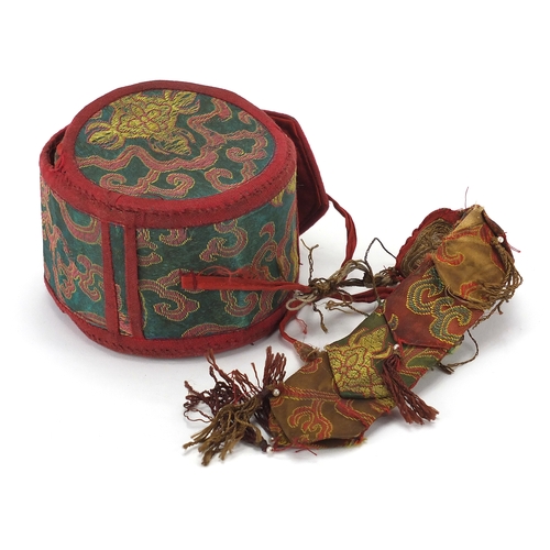 475 - Tibetan wooden prayer drum with embroidered cloth case, 11cm in diameter