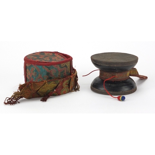 475 - Tibetan wooden prayer drum with embroidered cloth case, 11cm in diameter