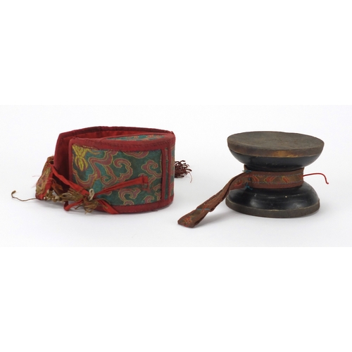 475 - Tibetan wooden prayer drum with embroidered cloth case, 11cm in diameter