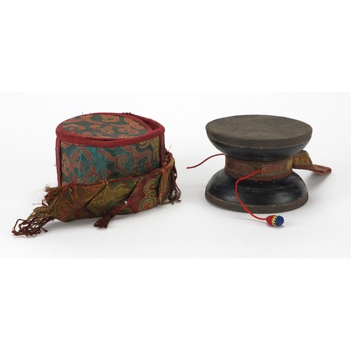 475 - Tibetan wooden prayer drum with embroidered cloth case, 11cm in diameter