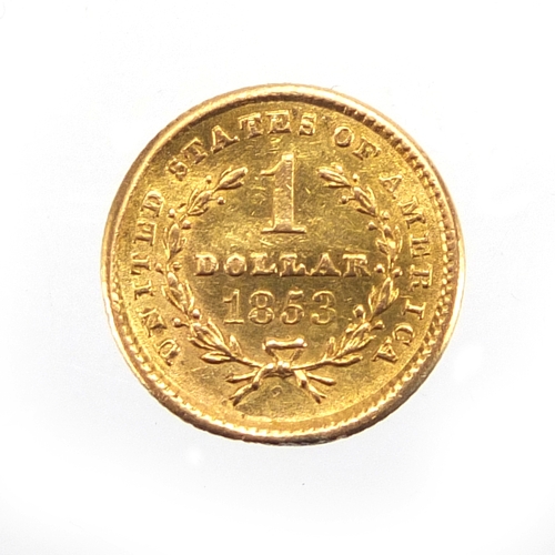 223 - United States of America 1853 gold one dollar, approximate weight 1.7g