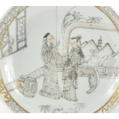 366 - Chinese porcelain tea bowl and saucer, both hand painted with figures in a palace setting, the sauce... 