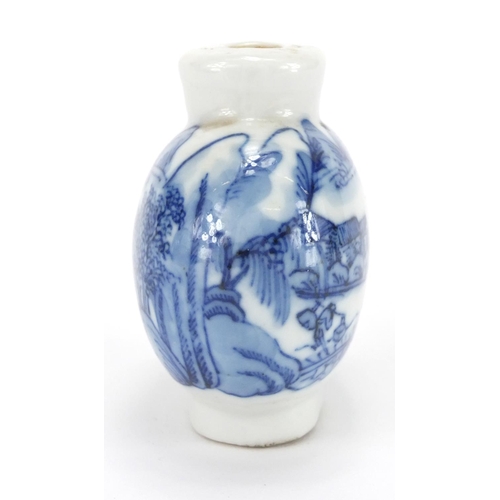 375 - Chinese blue and white porcelain snuff bottle, hand painted with figures crossing a bridge before a ... 