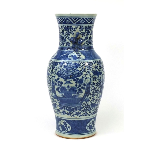 377 - Chinese blue and white porcelain baluster vase with naturalist handles, hand painted with figures am... 