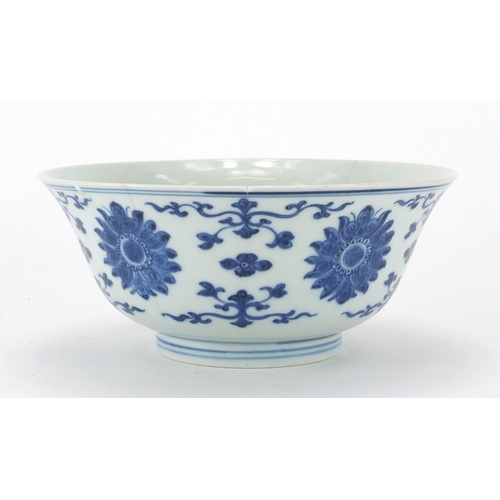 378 - Chinese blue and white porcelain bowl, hand painted with flowers and foliate scrolls, six figure Qia... 