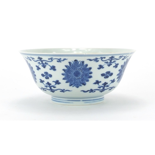 378 - Chinese blue and white porcelain bowl, hand painted with flowers and foliate scrolls, six figure Qia... 