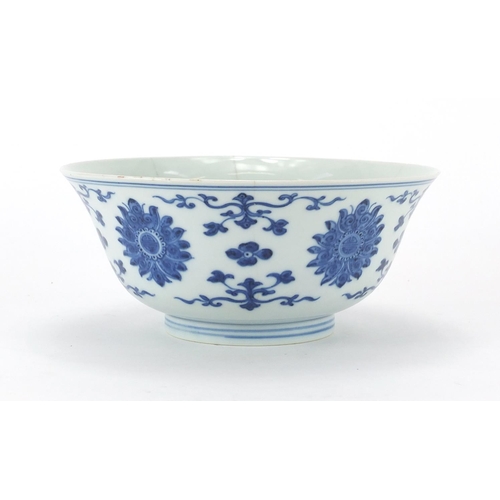 378 - Chinese blue and white porcelain bowl, hand painted with flowers and foliate scrolls, six figure Qia... 