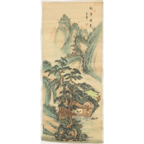 449 - Chinese silk paper scroll, hand painted with a river landscape, calligraphy and red seal marks, 103c... 