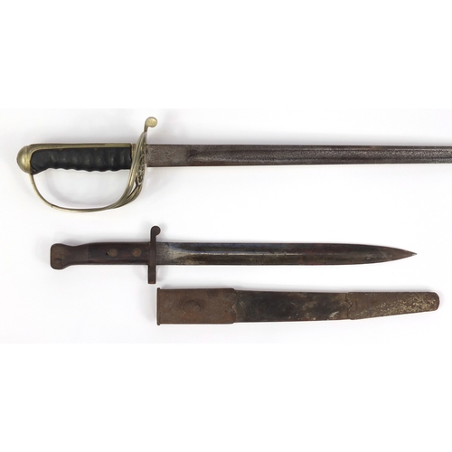 291 - British Military dress sword and bayonet, various impressed marks, the sword 96cm in length