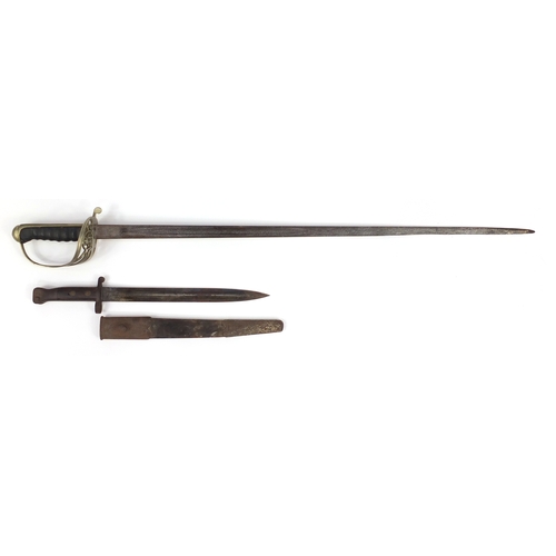 291 - British Military dress sword and bayonet, various impressed marks, the sword 96cm in length