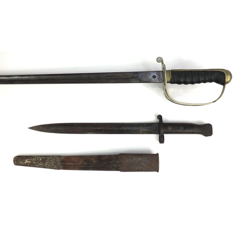 291 - British Military dress sword and bayonet, various impressed marks, the sword 96cm in length