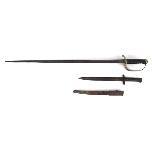 291 - British Military dress sword and bayonet, various impressed marks, the sword 96cm in length