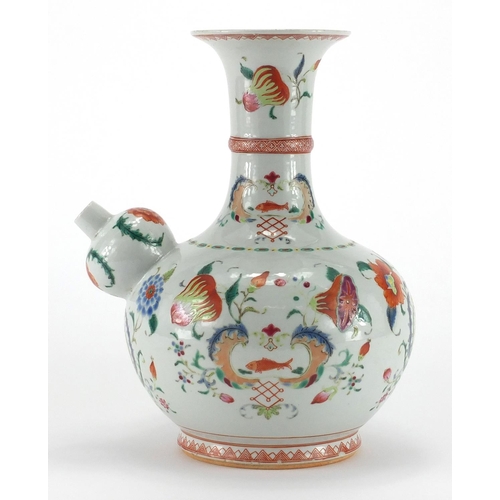 358 - Chinese porcelain wine vase hand painted in the famille rose palette with flowers, goldfish and bird... 