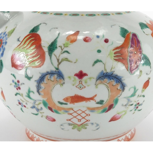 358 - Chinese porcelain wine vase hand painted in the famille rose palette with flowers, goldfish and bird... 