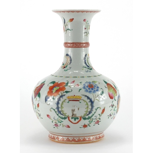 358 - Chinese porcelain wine vase hand painted in the famille rose palette with flowers, goldfish and bird... 