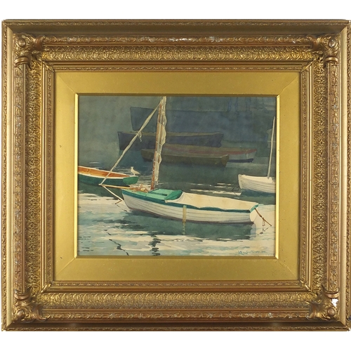 991 - Moored boats in a harbour, St Ives school watercolour, bearing a signature H S Tuke, mounted and fra... 