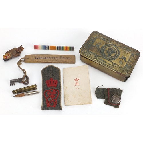276 - British Military World War I brass Mary tin and militaria including a brass shell pencil