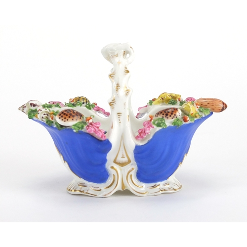 512 - Staffordshire porcelain basket with floral encrusted rim decorated with sea shells and naturalistic ... 