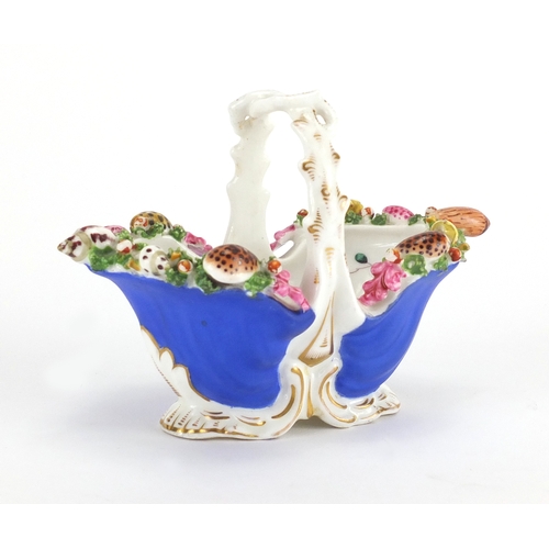 512 - Staffordshire porcelain basket with floral encrusted rim decorated with sea shells and naturalistic ... 