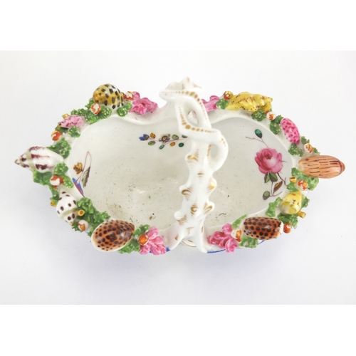 512 - Staffordshire porcelain basket with floral encrusted rim decorated with sea shells and naturalistic ... 