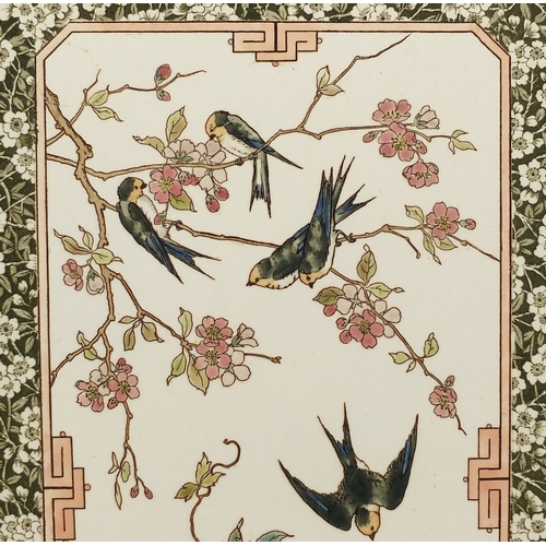 578 - Two Aesthetic design pottery wall tiles, decorated with birds, numbered to the reverse, each 44cm x ... 