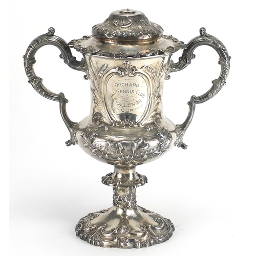 632 - Good Victorian silver twin handled trophy and cover, embossed with agricultural scenes, HW&Co Sheffi... 