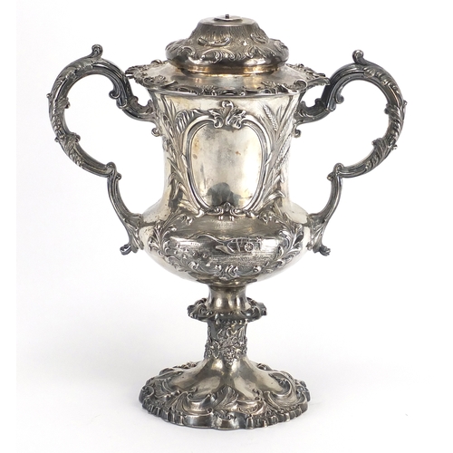 632 - Good Victorian silver twin handled trophy and cover, embossed with agricultural scenes, HW&Co Sheffi... 